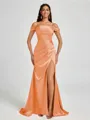 Sheath Cold Shoulder Pleated Sweep Train Silk Like Satin Corset Bridesmaid Dress