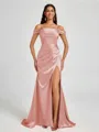 Sheath Cold Shoulder Pleated Sweep Train Silk Like Satin Corset Bridesmaid Dress
