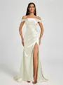 Sheath Cold Shoulder Pleated Sweep Train Silk Like Satin Corset Bridesmaid Dress