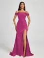 Sheath Cold Shoulder Pleated Sweep Train Silk Like Satin Corset Bridesmaid Dress