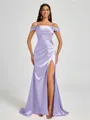 Sheath Cold Shoulder Pleated Sweep Train Silk Like Satin Corset Bridesmaid Dress