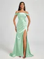 Sheath Cold Shoulder Pleated Sweep Train Silk Like Satin Corset Bridesmaid Dress