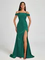 Sheath Cold Shoulder Pleated Sweep Train Silk Like Satin Corset Bridesmaid Dress