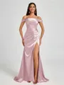 Sheath Cold Shoulder Pleated Sweep Train Silk Like Satin Corset Bridesmaid Dress