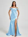 Sheath Cold Shoulder Pleated Sweep Train Silk Like Satin Corset Bridesmaid Dress