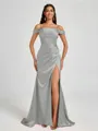 Sheath Cold Shoulder Pleated Sweep Train Silk Like Satin Corset Bridesmaid Dress