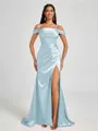 Sheath Cold Shoulder Pleated Sweep Train Silk Like Satin Corset Bridesmaid Dress