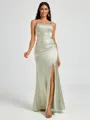 Sheath Spaghetti Straps Pleated Floor-Length Silk Like Satin Corset Bridesmaid Dress