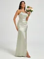 Sheath Spaghetti Straps Pleated Floor-Length Silk Like Satin Corset Bridesmaid Dress