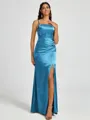 Sheath Spaghetti Straps Pleated Floor-Length Silk Like Satin Corset Bridesmaid Dress