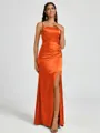Sheath Spaghetti Straps Pleated Floor-Length Silk Like Satin Corset Bridesmaid Dress