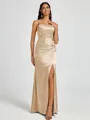 Sheath Spaghetti Straps Pleated Floor-Length Silk Like Satin Corset Bridesmaid Dress
