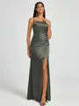 Sheath Spaghetti Straps Pleated Floor-Length Silk Like Satin Corset Bridesmaid Dress