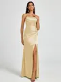 Sheath Spaghetti Straps Pleated Floor-Length Silk Like Satin Corset Bridesmaid Dress