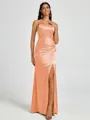 Sheath Spaghetti Straps Pleated Floor-Length Silk Like Satin Corset Bridesmaid Dress