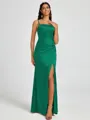 Sheath Spaghetti Straps Pleated Floor-Length Silk Like Satin Corset Bridesmaid Dress