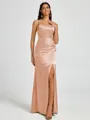 Sheath Spaghetti Straps Pleated Floor-Length Silk Like Satin Corset Bridesmaid Dress