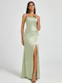Sheath Spaghetti Straps Pleated Floor-Length Silk Like Satin Corset Bridesmaid Dress