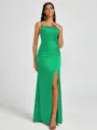 Sheath Spaghetti Straps Pleated Floor-Length Silk Like Satin Corset Bridesmaid Dress