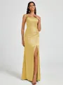 Sheath Spaghetti Straps Pleated Floor-Length Silk Like Satin Corset Bridesmaid Dress