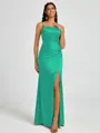 Sheath Spaghetti Straps Pleated Floor-Length Silk Like Satin Corset Bridesmaid Dress