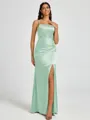 Sheath Spaghetti Straps Pleated Floor-Length Silk Like Satin Corset Bridesmaid Dress