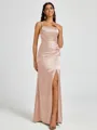 Sheath Spaghetti Straps Pleated Floor-Length Silk Like Satin Corset Bridesmaid Dress