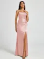 Sheath Spaghetti Straps Pleated Floor-Length Silk Like Satin Corset Bridesmaid Dress