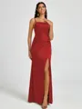 Sheath Spaghetti Straps Pleated Floor-Length Silk Like Satin Corset Bridesmaid Dress