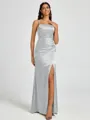 Sheath Spaghetti Straps Pleated Floor-Length Silk Like Satin Corset Bridesmaid Dress