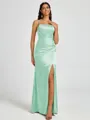 Sheath Spaghetti Straps Pleated Floor-Length Silk Like Satin Corset Bridesmaid Dress