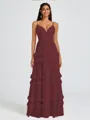 A-line V-neck Cascading Ruffles Floor-Length Chiffon Bridesmaid Dress