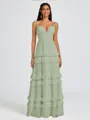 A-line V-neck Cascading Ruffles Floor-Length Chiffon Bridesmaid Dress