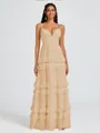 A-line V-neck Cascading Ruffles Floor-Length Chiffon Bridesmaid Dress