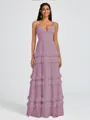 A-line V-neck Cascading Ruffles Floor-Length Chiffon Bridesmaid Dress