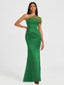 Sheath One-Shoulder Pleated Floor-Length Satin Bridesmaid Dress