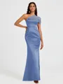 Sheath One-Shoulder Pleated Floor-Length Satin Bridesmaid Dress