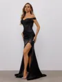 Sheath Off-the-Shoulder Appliques Lace Sweep Train Silk Like Satin Corset Porm Dress