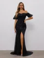 Sheath Off-the-Shoulder Short Sleeves Sequin Sweep Train Porm Dress
