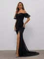 Sheath Off-the-Shoulder Short Sleeves Sequin Sweep Train Porm Dress