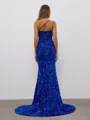 Sheath One-Shoulder Sweep Train Velvet Sequins Porm Dress