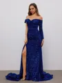 Sheath Off-the-Shoulder Long Sleeves Pleated Sweep Train Porm Dress