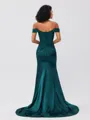 Sheath Off-the-Shoulder Appliques Lace Sweep Train Silk Like Satin Corset Porm Dress