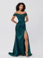 Sheath Off-the-Shoulder Appliques Lace Sweep Train Silk Like Satin Corset Porm Dress