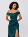 Sheath Off-the-Shoulder Appliques Lace Sweep Train Silk Like Satin Corset Porm Dress