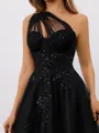 A-line One-Shoulder Appliques Lace Sweep Train Tulle Corset Porm Dress