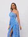 Sheath One-Shoulder Long Sleeves Sweep Train Velvet Sequins Porm Dress
