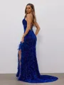 Sheath V-neck Feather Sweep Train Velvet Sequins Porm Dress