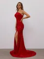 Sheath One-Shoulder Sweep Train Velvet Sequins Porm Dress