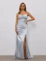 Sheath Straight Pleated Sweep Train Silk Like Satin Porm Dress